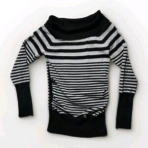 VTG Bongo Y2K Fitted Cowlneck Sweater Black Gray Stripe Long Sleeve Sz L EUC